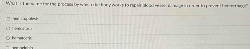 What is the name for the process by which the body works to repair blood vessel damage in order to prevent hemorrhage?
hematopoiesis
hemostasis
hematocrit
hemoglobin