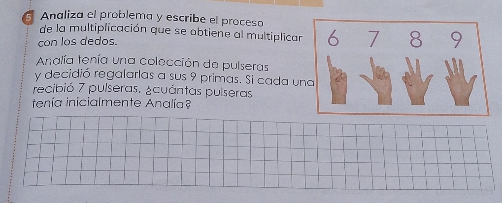 Analiza el problema y escribe el proceso 
de la multiplicación que se obtiene al multiplicar 
con los dedos. 
Analía tenía una colección de pulseras 
y decidió regalarlas a sus 9 primas. Si cada un 
recibió 7 pulseras, ¿cuántas pulseras 
tenía inicialmente Analía?