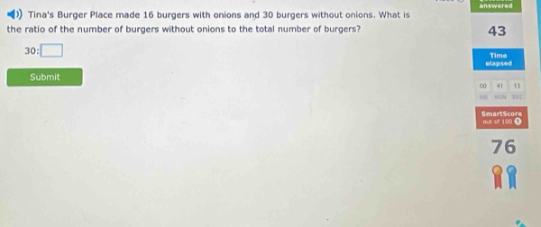 Tina's Burger Place made 16 burgers with onions and 30 burgers without onions. What is answered 
the ratio of the number of burgers without onions to the total number of burgers?
43
30:□
elapsed Time 
Submit 
41 13 
H0 □ C 
SmartScore out of 100 Ω
76