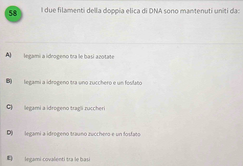 due filamenti della doppia elica di DNA sono mantenuti uniti da:
A legami a idrogeno tra le basi azotate
B) legami a idrogeno tra uno zucchero e un fosfato
C) legami a idrogeno tragli zuccheri
D) legami a idrogeno trauno zucchero e un fosfato
E) legami covalenti tra le basi