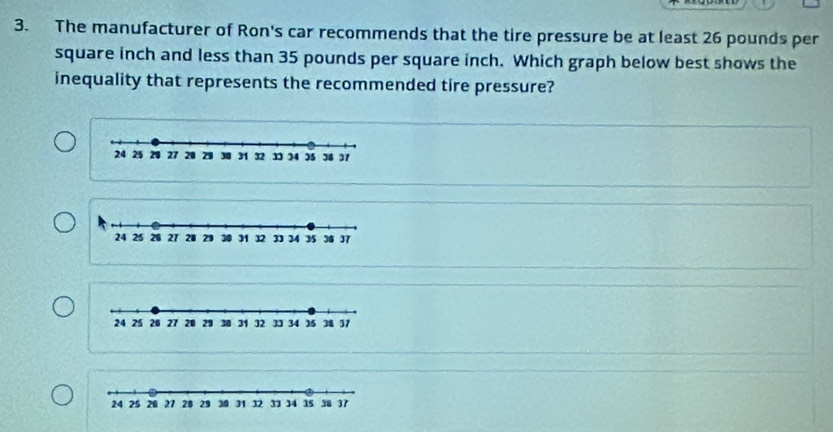 The manufacturer of Ron's car recommends that the tire pressure be at least 26 pounds per
square inch and less than 35 pounds per square inch. Which graph below best shows the 
inequality that represents the recommended tire pressure?