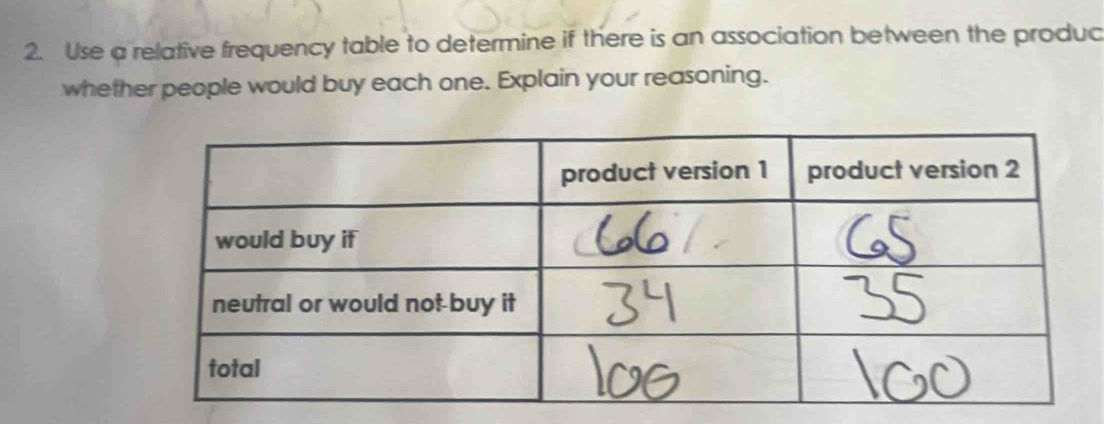 Use a relative frequency table to determine if there is an association between the produc 
whether people would buy each one. Explain your reasoning.