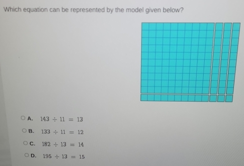 Which equation can be represented by the model given below?
A. 143/ 11=13
B. 133/ 11=12
C. 182/ 13=14
D. 195/ 13=15