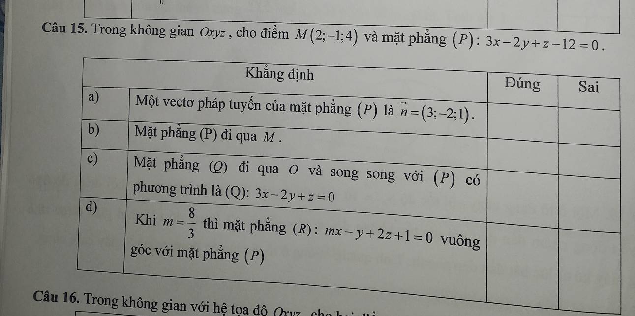 Trong không gian Oxyz , cho điểm M(2;-1;4) và mặt phẳng (P): 3x-2y+z-12=0.
không gian với hệ tọa đô Qyz