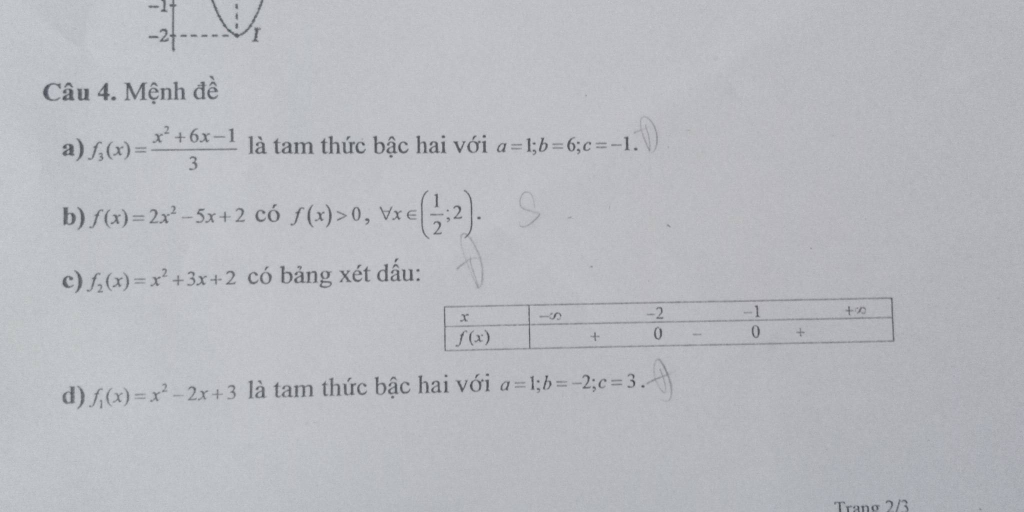 Mệnh đề
a) f_3(x)= (x^2+6x-1)/3  là tam thức bậc hai với a=1;b=6;c=-1.
b) f(x)=2x^2-5x+2 có f(x)>0,forall x∈ ( 1/2 ;2).
c) f_2(x)=x^2+3x+2 có bảng xét dấu:
d) f_1(x)=x^2-2x+3 là tam thức bậc hai với a=1;b=-2;c=3.
Tranø 2/3