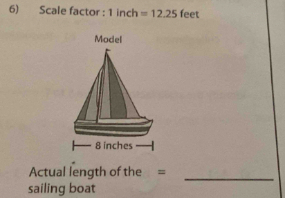 Scale factor : n =12.25 feet
Model
8 inches
Actual length of the =_ 
sailing boat