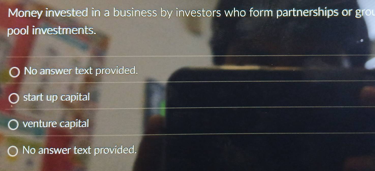 Money invested in a business by investors who form partnerships or gro
pool investments.
No answer text provided.
start up capital
venture capital
No answer text provided.