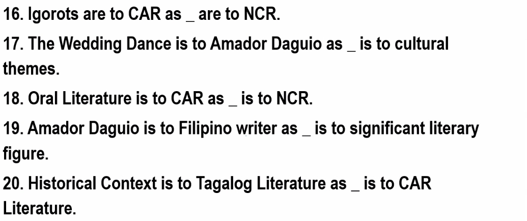 Igorots are to CAR as _ are to NCR. 
17. The Wedding Dance is to Amador Daguio as _ is to cultural 
themes. 
18. Oral Literature is to CAR as _ is to NCR. 
19. Amador Daguio is to Filipino writer as _ is to significant literary 
figure. 
20. Historical Context is to Tagalog Literature as _ is to CAR 
Literature.