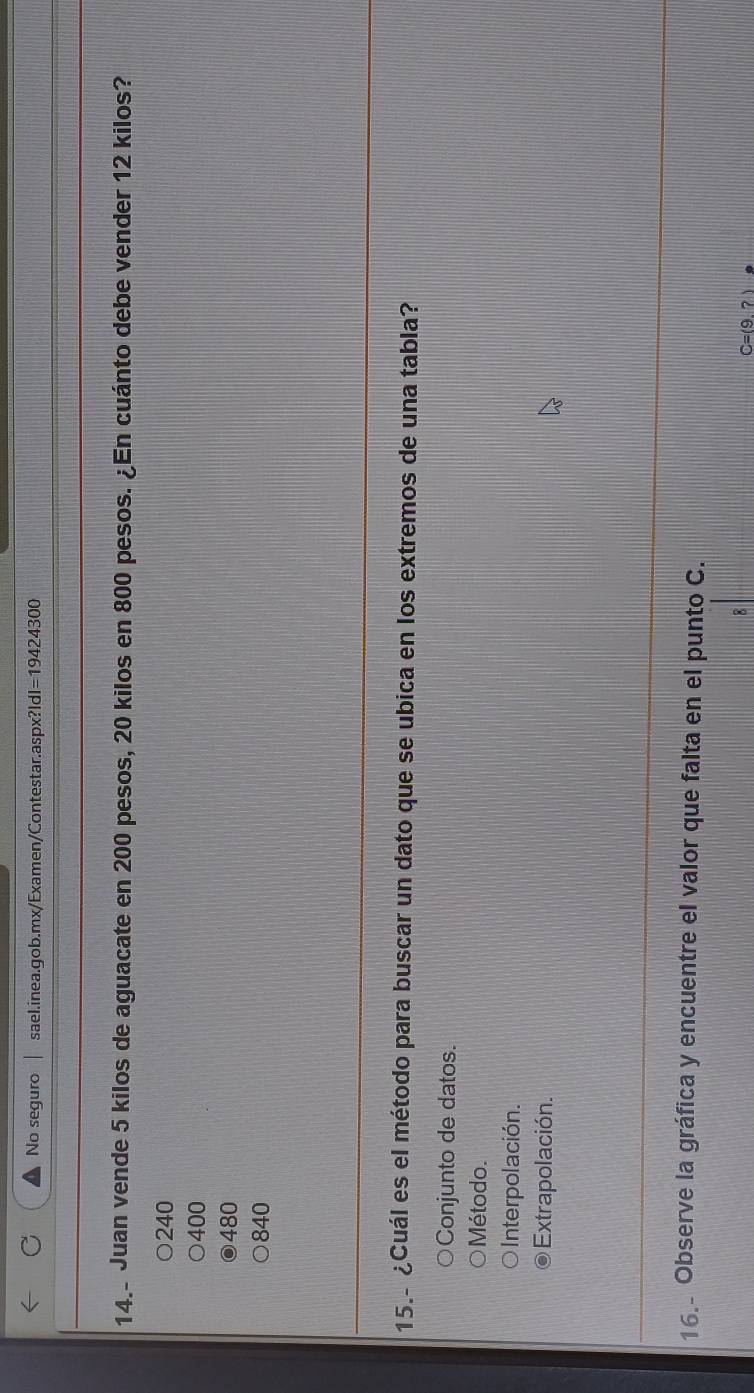 No seguro sael.inea.gob.mx/Examen/Contestar.aspx?Idl =19424300 
14.- Juan vende 5 kilos de aguacate en 200 pesos, 20 kilos en 800 pesos. ¿En cuánto debe vender 12 kilos?
240
400
480
840
15.- ¿Cuál es el método para buscar un dato que se ubica en los extremos de una tabla?
Conjunto de datos.
Método.
Interpolación.
Extrapolación.
16.- Observe la gráfica y encuentre el valor que falta en el punto C.
C=(9.?)