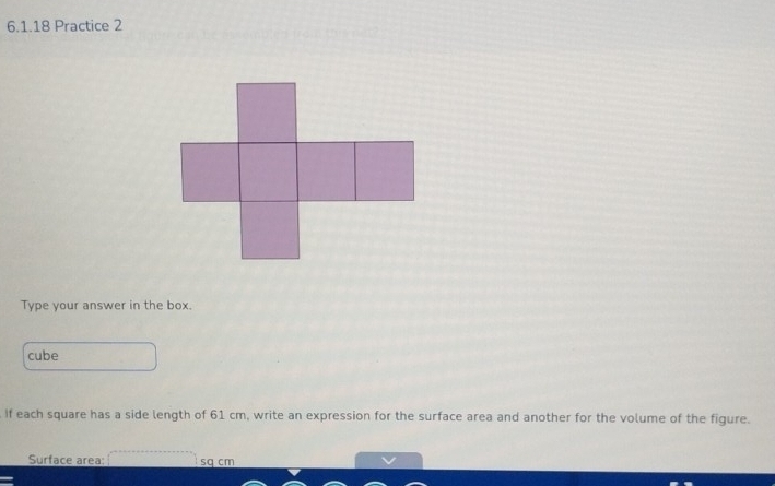 Practice 2 
Type your answer in the box. 
cube 
If each square has a side length of 61 cm, write an expression for the surface area and another for the volume of the figure. 
Surface area: sq cm