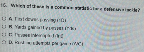 Which of these is a common statistic for a defensive tackle?
A. First downs passing (1D)
B. Yards gained by passes (Yds)
C. Passes intercepted (Int)
D. Rushing attempts per game (A/G)