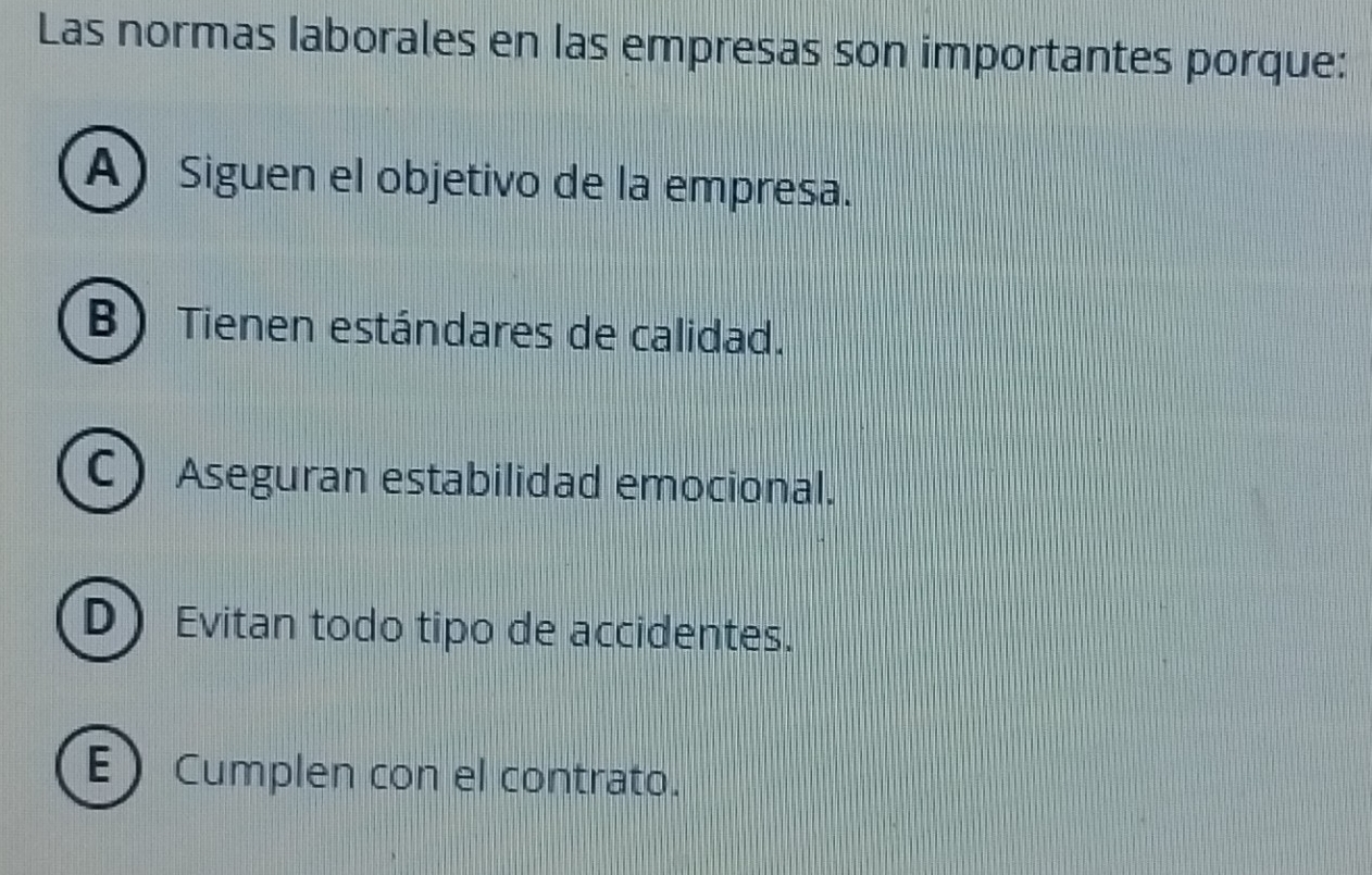 Las normas laborales en las empresas son importantes porque:
A Siguen el objetivo de la empresa.
B Tienen estándares de calidad.
C Aseguran estabilidad emocional.
D Evitan todo tipo de accidentes.
E Cumplen con el contrato.