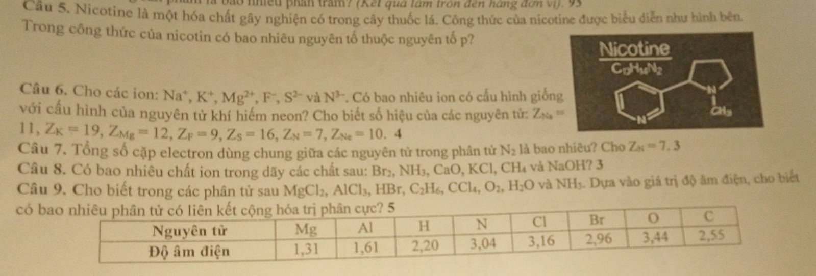 do nhiều phần trăm? (Kết qua lớm trồn đến hàng đơn vị. 93 
Câu 5. Nicotine là một hóa chất gây nghiện có trong cây thuốc lá. Công thức của nicotine được biểu diễn như hình bên. 
Trong công thức của nicotin có bao nhiêu nguyên tố thuộc nguyên tố p? 
Câu 6. Cho các ion: Na^+, K^+, Mg^(2+), F^-, S^(2-) và N^(3-) *. Có bao nhiêu ion có cấu hình giố 
với cấu hình của nguyên tử khí hiểm neon? Cho biết số hiệu của các nguyên tử: Z_Na=
11, Z_K=19, Z_Mg=12, Z_F=9, Z_S=16, Z_N=7, Z_Ne=10.4
Câu 7. Tổng số cặp electron dùng chung giữa các nguyên tử trong phân tử N_2 là bao nhiêu? Cho Z_8i=7.3
Câu 8. Có bao nhiêu chất ion trong dãy các chất sau: Br_2, NH_3, CaO, KCl, CH_4 vå NaOH? 3 
Câu 9. Cho biết trong các phân tử sau MgCl_2, ,AlCl_3, HBr, C_2H_6, CCl_4, O_2, H_2O và NH_3. . Dựa vào giá trị độ âm điện, cho biết 
có