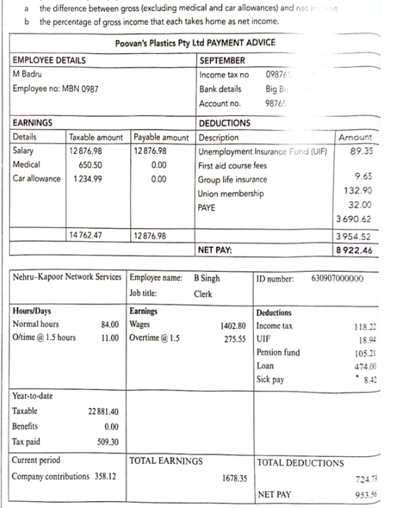 a the difference between gross (excluding medical and car allowances) and net income 
b the percentage of gross income that each takes home as net income. 
T 
T 
C 
NET PAY 953.56