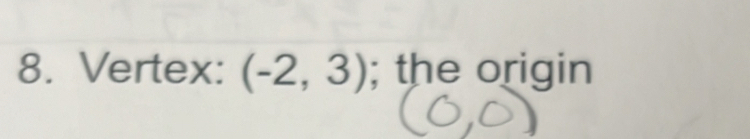 Vertex: (-2,3); the origin