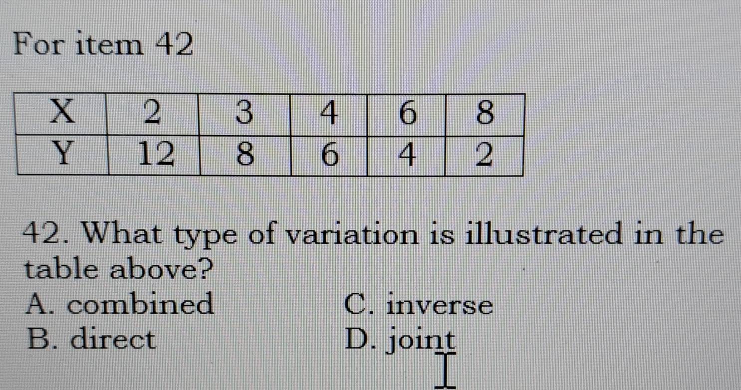 For item 42
42. What type of variation is illustrated in the
table above?
A. combined C. inverse
B. direct D. joint