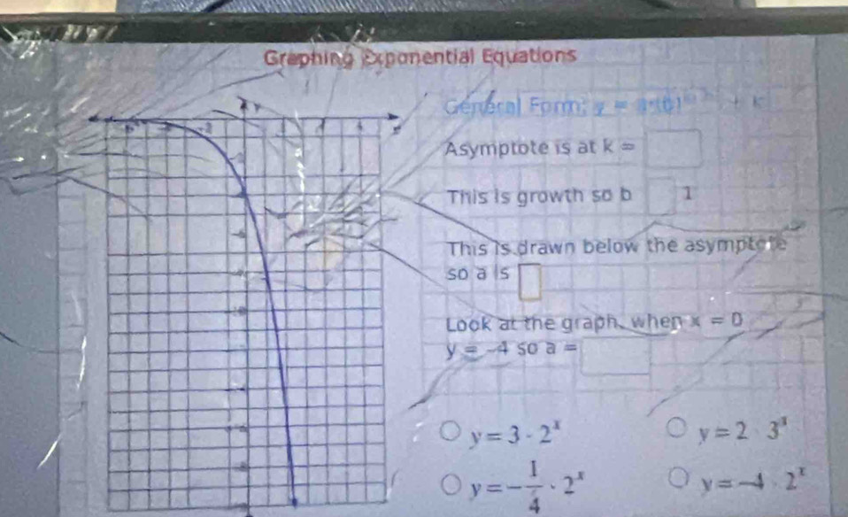 Graphing Exponential Equations 
Géneral Form y=a· (0)^b+c^(-frac 1)2
Asymptote is at K=□
This is growth so b □ 1
This is drawn below the asymptote 
so a ls □ 
Look at the graph, when x=0
y=-4 so a=□
y=3· 2^x
y=2· 3^x
y=- 1/4 · 2^x
y=-4· 2^x