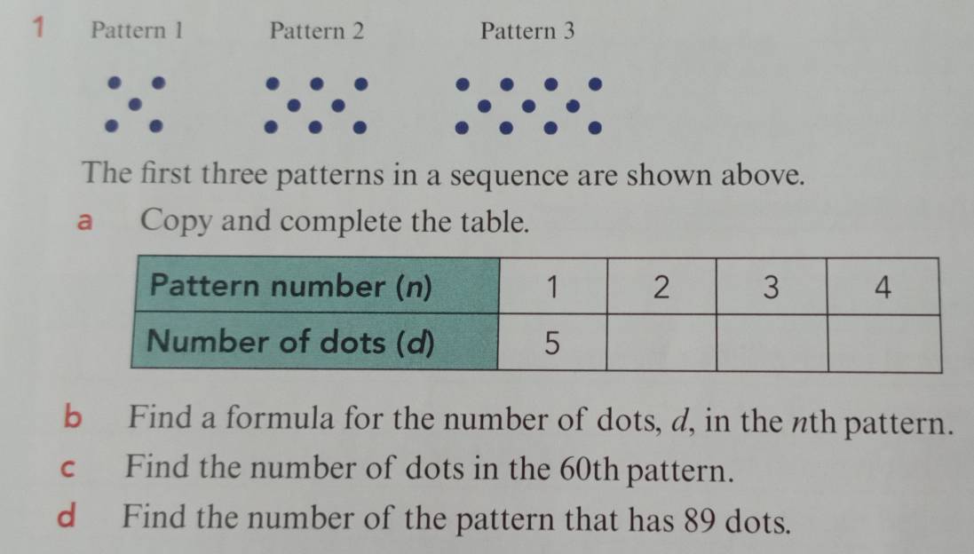 Pattern l Pattern 2 Pattern 3 
The first three patterns in a sequence are shown above. 
a Copy and complete the table. 
b Find a formula for the number of dots, d, in the nth pattern. 
c Find the number of dots in the 60th pattern. 
d Find the number of the pattern that has 89 dots.