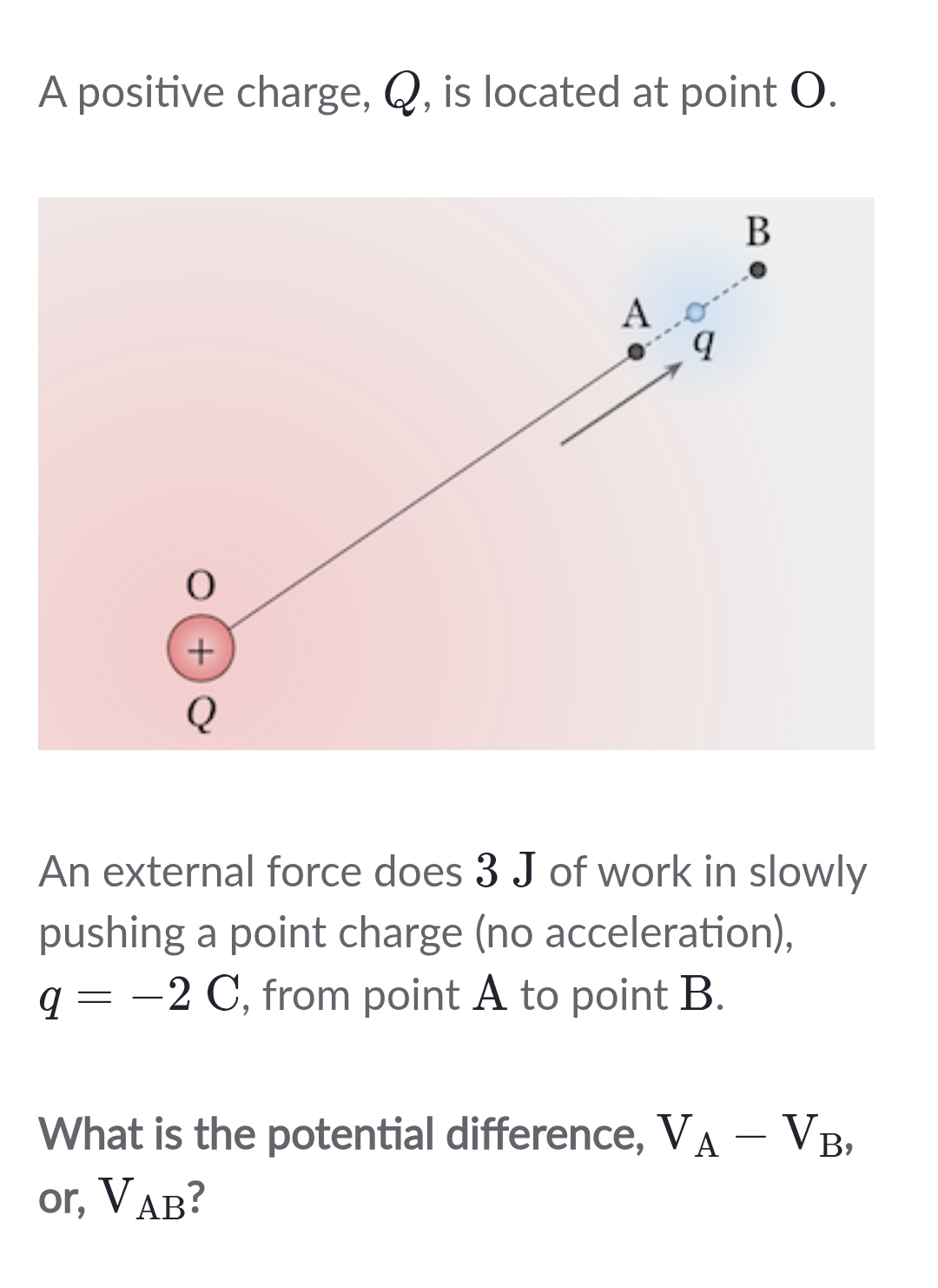 A positive charge, Q, is located at point O. 
An external force does 3 J of work in slowly 
pushing a point charge (no acceleration),
q=-2C , from point A to point B. 
What is the potential difference, V_A-V_B, 
or, V_AB ?