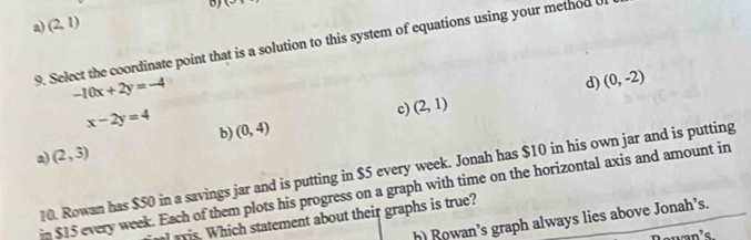 x-
a) (2,1)
9. Select the coordinate point that is a solution to this system of equations using your method
-10x+2y=-4
d) (0,-2)
c) (2,1)
x-2y=4 b) (0,4)
a) (2,3)
10. Rowan has $50 in a savings jar and is putting in $5 every week. Jonah has $10 in his own jar and is putting
i $15 every week. Each of them plots his progress on a graph with time on the horizontal axis and amount in
avis. Which statement about their graphs is true?
h) Rowan’s graph always lies above Jonah’s.
van's