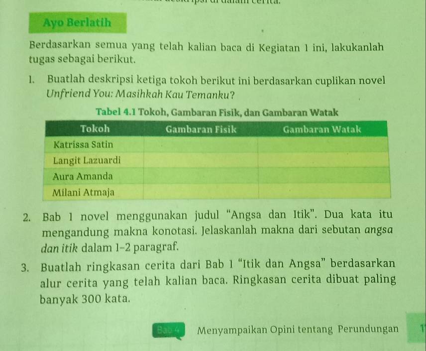 Ayo Berlatih 
Berdasarkan semua yang telah kalian baca di Kegiatan 1 ini, lakukanlah 
tugas sebagai berikut. 
1. Buatlah deskripsi ketiga tokoh berikut ini berdasarkan cuplikan novel 
Unfriend You: Masihkah Kau Temanku? 
Tabel 4.1 Tokoh, Gambaran Fisik, dan Gambaran Watak 
2. Bab 1 novel menggunakan judul “Angsa dan Itik”. Dua kata itu 
mengandung makna konotasi. Jelaskanlah makna dari sebutan angsa 
dan itik dalam 1-2 paragraf. 
3. Buatlah ringkasan cerita dari Bab 1 “Itik dan Angsa” berdasarkan 
alur cerita yang telah kalian baca. Ringkasan cerita dibuat paling 
banyak 300 kata. 
Bab 4 Menyampaikan Opini tentang Perundungan 1