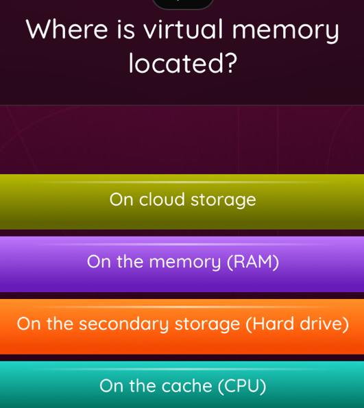 Solved: Where is virtual memory located? On cloud storage On the memory ...