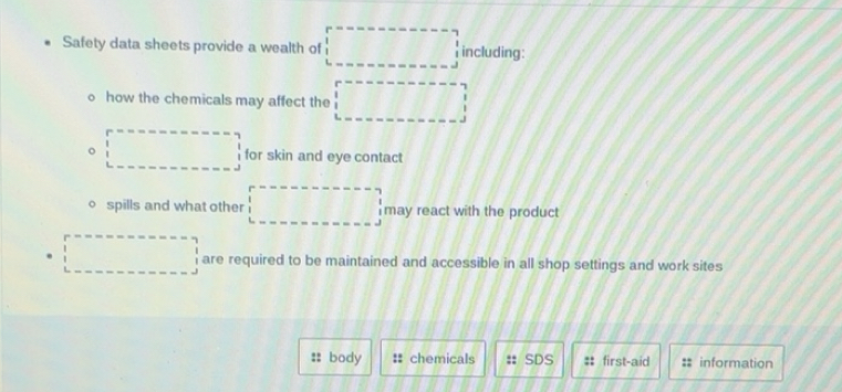Solved: Safety data sheets provide a wealth of including: o how the ...