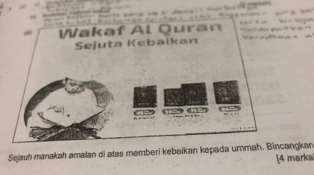 Wakaf Al Quran 
Sejuta Kebaikan 
Sejauh manakah amalan di atas memberi kebaikan kepada ummah. Bincangkan 
[4 markal