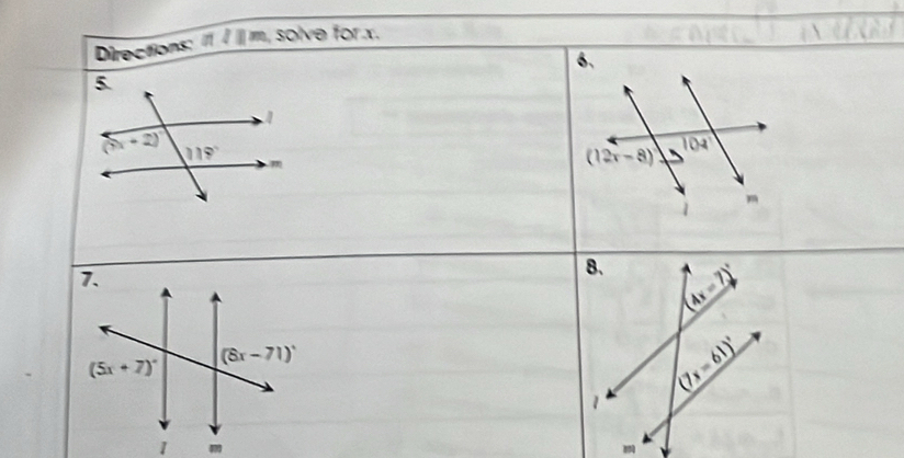 Directions: lllm solve for x.
6.
104°
(12x-8)^circ 
m