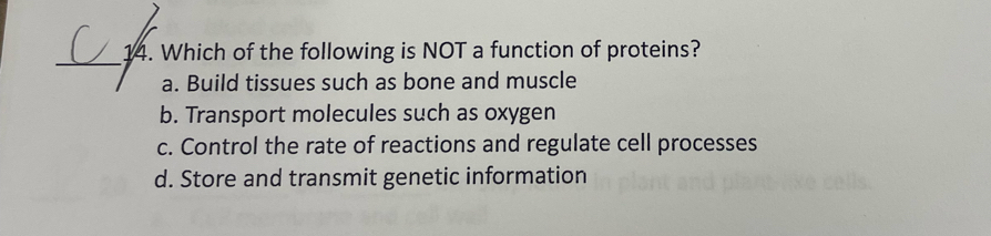 Which of the following is NOT a function of proteins?
a. Build tissues such as bone and muscle
b. Transport molecules such as oxygen
c. Control the rate of reactions and regulate cell processes
d. Store and transmit genetic information