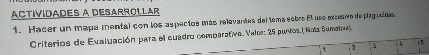 ACTIVIDADES A DESARROLLAR 
1. Hacer un mapa mental con los aspectos más relevantes del tema sobre El uso excesivo de plaguicidas. 
Criterios de Evaluación para el cuadro comparativo. Valor: 25 puntos.( Nota Sumativa).
1 2 3 4 5