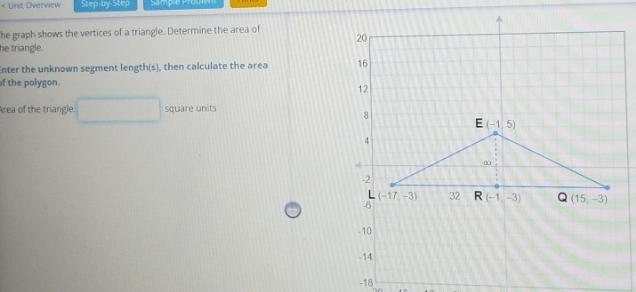 < Unit Overview Step-by-Step Sample Probiém
he graph shows the vertices of a triangle. Determine the area of
he triangle.
Enter the unknown segment length(s), then calculate the area 
f the polygon.
Area of the triangle:  □ square units
-18