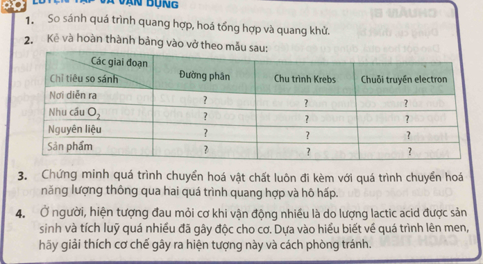 à vận bụng
1. So sánh quá trình quang hợp, hoá tổng hợp và quang khử.
2. Kẻ và hoàn thành bảng vào vở theo mẫu
3. Chứng minh quá trình chuyển hoá vật chất luôn đi kèm với quá trình chuyển hoá
năng lượng thông qua hai quá trình quang hợp và hô hấp.
4. Ở người, hiện tượng đau mỏi cơ khi vận động nhiều là do lượng lactic acid được sản
sinh và tích luỹ quá nhiều đã gây độc cho cơ. Dựa vào hiểu biết về quá trình lên men,
hãy giải thích cơ chế gây ra hiện tượng này và cách phòng tránh.