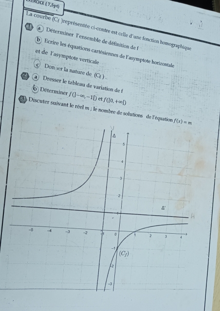 Dértice ( 7,5p1)
La courbe (C£ )représentée ci-contre est celle d'une fonction homographique
Déterminer l'ensemble de définition de f
b Ecrire les équations cartésiennes de l'asymptote horizontale
et de l'asymptote verticale
Doner la nature de _ (Cf ) .
a Dresser le tableau de variation de f
Déterminer f(|-∈fty ,-1|) et f([0,+∈fty )
3 Discuter suivant le réel m ; le nombre de solutions de l'