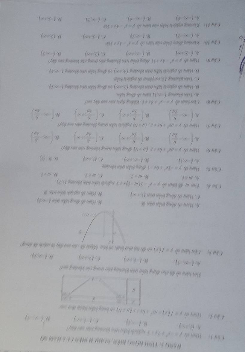 y=-x^2+7x+3
(1,± ∈fty )
1=43
(+,+) (-7/ 4)
C B  ' Mưg ci y=f(x)=ae^x+bex c6y+8y
Hea nàn sh đà din hồng tiên vên hàng càn trng củn Vedng sn
(-∈fty ,-1)
(-b+a), (% +a_
(-m,n)
Chú hhm d y=f(x)

9
y=0.81
4 . Mêm sh đhng tiên vên   M Nù sh tằng tiên năm 1 - 9
C Mn sh đồng biên tn (b+a). D Mier do enteiçto tideo crio  
Tim m đề hám sh y=x^2-2(m-1)x+3 eöhlich Vihn trhn Vaidug a
m≤slant 1,
m=2 C m≥ 3. m* 10
the ts  M s y=-3x^2+6x-4 Gng kảm trên khg
t (-∈fty ,1)
(-a,+a) 6 (1,+∈fty ) x=(frac m
Cu lị   Hăm số y=ax^2+bx+c (a>0) dồng kêm tg kảg nảo no t
(-a,- b/2a ) B. (- b/2a ,+n) C (- A/4V +∈fty ) (-4), 6/10 
Ch  Tộ   Ve th y=ax^2+bx+a,by=0) t hích kiên trong khảng năn sa M
(-∈fty  b/b 2a) (- k/2a ,+∈fty ) C ( b/4a ,a) 59:  -9,- 6/49 )
Chú  t   Chu hàm di y=-x^2+4x+1 K lng đg t nán saà thy mt
A Viên Vhoờng (m han shtàng tên
#: Hám số nghịch kiên trên khoảng (2,+6) và đồng kiêm trêm khodng (-9,?).
C. Tên khoảng (3,+∈fty ) inten d enfriçte tride .
1 à số nghịch triểm trêm khhng (4,6) Và động tiểm tên khonảng (-n,4)
Hăm số y=x^2-4x+11 Nng Vên tên khoông nào trong củo khdng sau hả 
hi (-2,+∈fty ) (-a,+b) 6 (2,+∈fty ) (-6,2)
Clu 10: -  Khndng đg khhn ntea brn de y=x^2-4x+3|s
A (-∈fty ,-2) (-∈fty ,7). C (2,+∈fty ) (2,+∈fty ).
Câu H  Khoơng nhịch tiên sủa bàm sh y=x^2-4x+318
A r (-a,4) (-6,4), C (-∈fty ,widehat 7) (-2,+∈fty ),