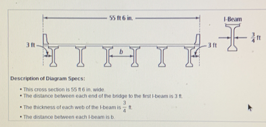 55 ft 6 in. l-Beam
3 ft - 3 ft  3/4 ft
b 
Description of Diagram Specs: 
This cross section is 55 ft 6 in. wide 
The distance between each end of the bridge to the first I-beam is 3 ft. 
The thickness of each web of the I-beam is  3/4 ft
The distance between each I-beam is b.