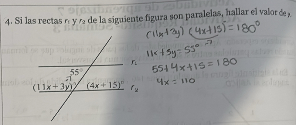 Si las rectas r_1 y r_2 de la siguiente figura son paralelas, hallar el valor de y