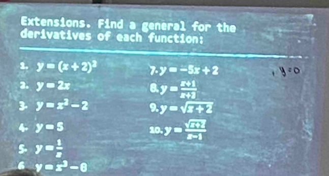 Extensions. Find a general for the 
derivatives of each function: 
1. y=(x+2)^2 7 y=-5x+2 _1y=0
2. y=2x 8 y= (x+1)/x+2 
3 y=x^2-2
9. y=sqrt(x+2)
4. y=5
1 2 y= (sqrt(x+2))/x-1 
5. y= 1/x 
6 y=x^3-8