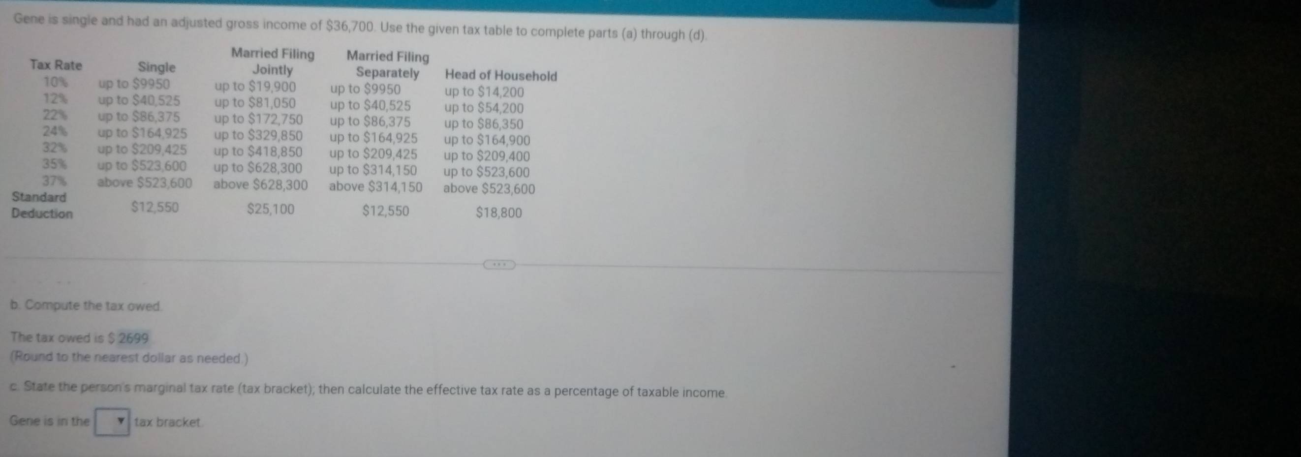 Gene is single and had an adjusted gross income of $36,700. Use the given tax table to complete parts (a) through (d). 
b. Compute the tax owed. 
The tax owed is $ 2699
(Round to the nearest dollar as needed.) 
c. State the person's marginal tax rate (tax bracket); then calculate the effective tax rate as a percentage of taxable income 
Gene is in the tax bracket.