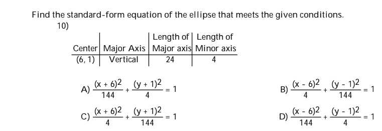 Find the standard-form equation of the ellipse that meets the given conditions.
10)
A) frac (x+6)^2144+frac (y+1)^24=1 frac (x-6)^24+frac (y-1)^2144=1
B)
C) frac (x+6)^24+frac (y+1)^2144=1 frac (x-6)^2144+frac (y-1)^24=1
D)