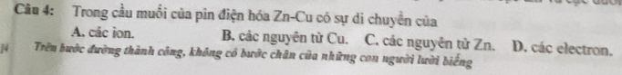 Trong cầu muối của pin điện hóa Zn-Cu có sự di chuyển của
A. các ion. B. các nguyên từ Cu. C. các nguyên tử Zn. D. các electron.
14 Trên bước đường thành công, không cổ bước chân của những con người lười biếng