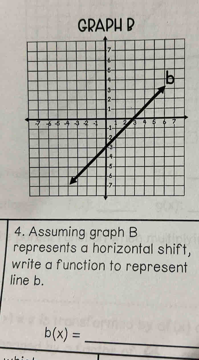 GRAPH B 
4. Assuming graph B 
represents a horizontal shift, 
write a function to represent 
line b. 
_ b(x)=