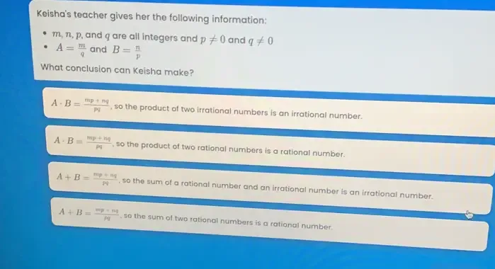 Solved: Keisha's teacher gives her the following information: m, n, p ...