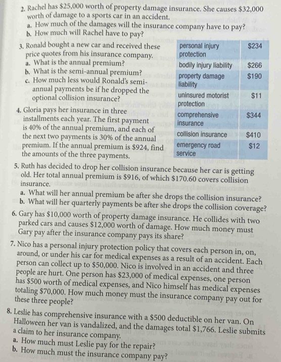 2, Rachel has $25,000 worth of property damage insurance. She causes $32,000
worth of damage to a sports car in an accident. 
a. How much of the damages will the insurance company have to pay? 
b. How much will Rachel have to pay? 
3. Ronald bought a new car and received these 
price quotes from his insurance company. 
a. What is the annual premium? 
b. What is the semi-annual premium? 
c. How much less would Ronald's semi- 
annual payments be if he dropped the 
optional collision insurance? 
4. Gloria pays her insurance in three 
installments each year. The first payment 
is 40% of the annual premium, and each of 
the next two payments is 30% of the annual 
premium. If the annual premium is $924, find 
the amounts of the three payments. 
5. Ruth has decided to drop her collision insurance because her car is getting 
old. Her total annual premium is $916, of which $170.60 covers collision 
insurance. 
a. What will her annual premium be after she drops the collision insurance? 
b. What will her quarterly payments be after she drops the collision coverage? 
6. Gary has $10,000 worth of property damage insurance. He collides with two 
parked cars and causes $12,000 worth of damage. How much money must 
Gary pay after the insurance company pays its share? 
7. Nico has a personal injury protection policy that covers each person in, on, 
around, or under his car for medical expenses as a result of an accident. Each 
person can collect up to $50,000. Nico is involved in an accident and three 
people are hurt. One person has $23,000 of medical expenses, one person 
has $500 worth of medical expenses, and Nico himself has medical expenses 
totaling $70,000. How much money must the insurance company pay out for 
these three people? 
8. Leslie has comprehensive insurance with a $500 deductible on her van. On 
Halloween her van is vandalized, and the damages total $1,766. Leslie submits 
a claim to her insurance company. 
a. How much must Leslie pay for the repair? 
b. How much must the insurance company pay?