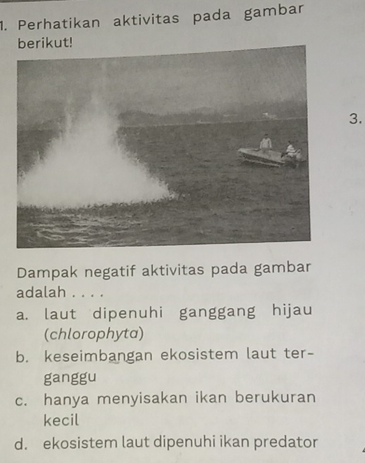 Perhatikan aktivitas pada gambar
3.
Dampak negatif aktivitas pada gambar
adalah . . . .
a. laut dipenuhi ganggang hijau
(chlorophyta)
b. keseimbangan ekosistem laut ter-
ganggu
c. hanya menyisakan ikan berukuran
kecil
d. ekosistem laut dipenuhi ikan predator