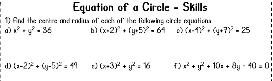 Equation of a Circle - Skills 
1) Find the centre and radius of each of the following circle equations 
a) x^2+y^2=36 b) (x+2)^2+(y+5)^2=64 c) (x-4)^2+(y+7)^2=25
d) (x-2)^2+(y-5)^2=49 e) (x+3)^2+y^2=16 f) x^2+y^2+10x+8y-40=0