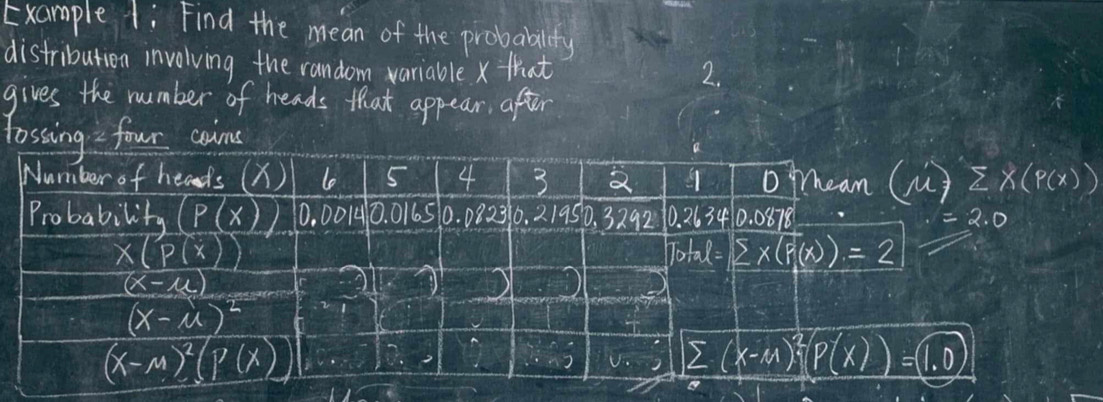 Example 1: Find the mean of the probablity
distribution involving the random variable x that
2.
gives the number of heads that appear, after
losfour caime