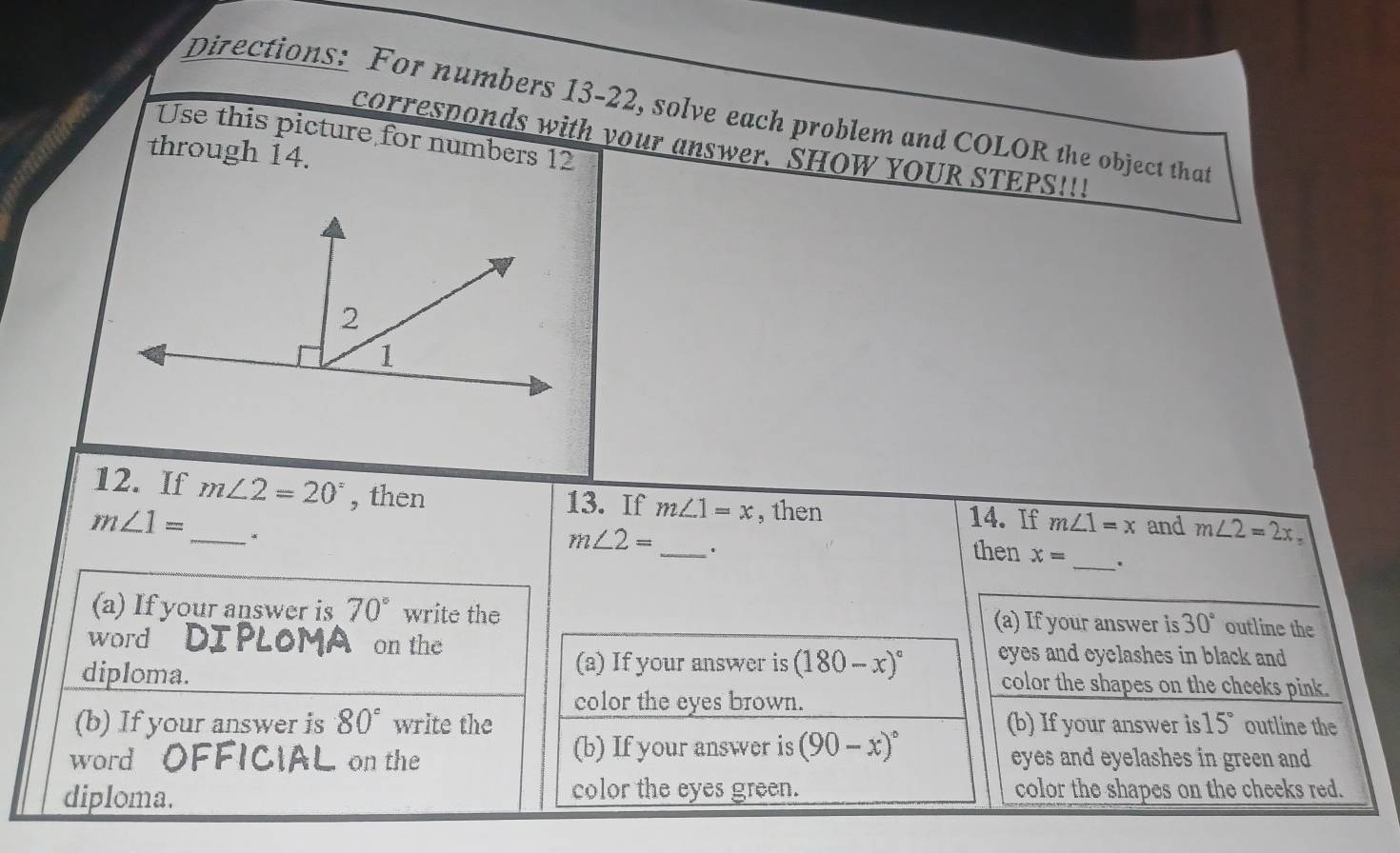 Solved: Directions: For numbers 13-22, solve each problem and COLOR the ...