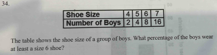 The table shows the shoe size of a group of boys. What percentage of the boys wear 
at least a size 6 shoe?