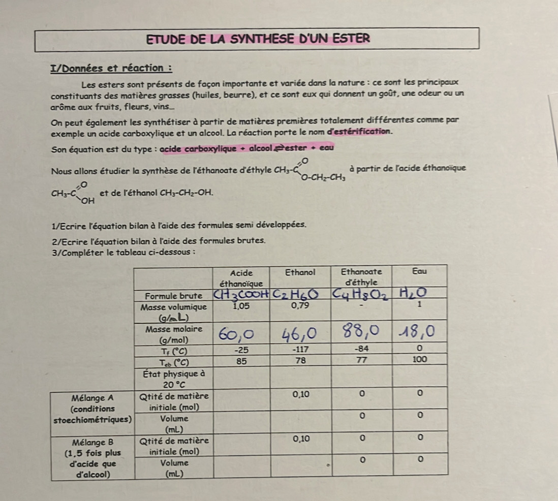 ETUDE DE LA SYNTHESE D'UN ESTER
I/Données et réaction :
Les esters sont présents de façon importante et variée dans la nature : ce sont les principaux
constituants des matières grasses (huiles, beurre), et ce sont eux qui donnent un goût, une odeur ou un
arôme aux fruits, fleurs, vins...
On peut également les synthétiser à partir de matières premières totalement différentes comme par
exemple un acide carboxylique et un alcool. La réaction porte le nom d'estérification.
Son équation est du type : acide carboxylique + alcool →ester + eau
Nous allons étudier la synthèse de l'éthanoate d'éthyle CH_3-C_O-CH_2-CH_3 à partir de l'acide éthanoïque
CH_3-C_(OH)^(OH) et de l'éthanol CH_3-CH_2-OH.
1/Ecrire l'équation bilan à l'aide des formules semi développées.
2/Ecrire l'équation bilan à l'aide des formules brutes.
3/Compléter le tableau ci-dessous :